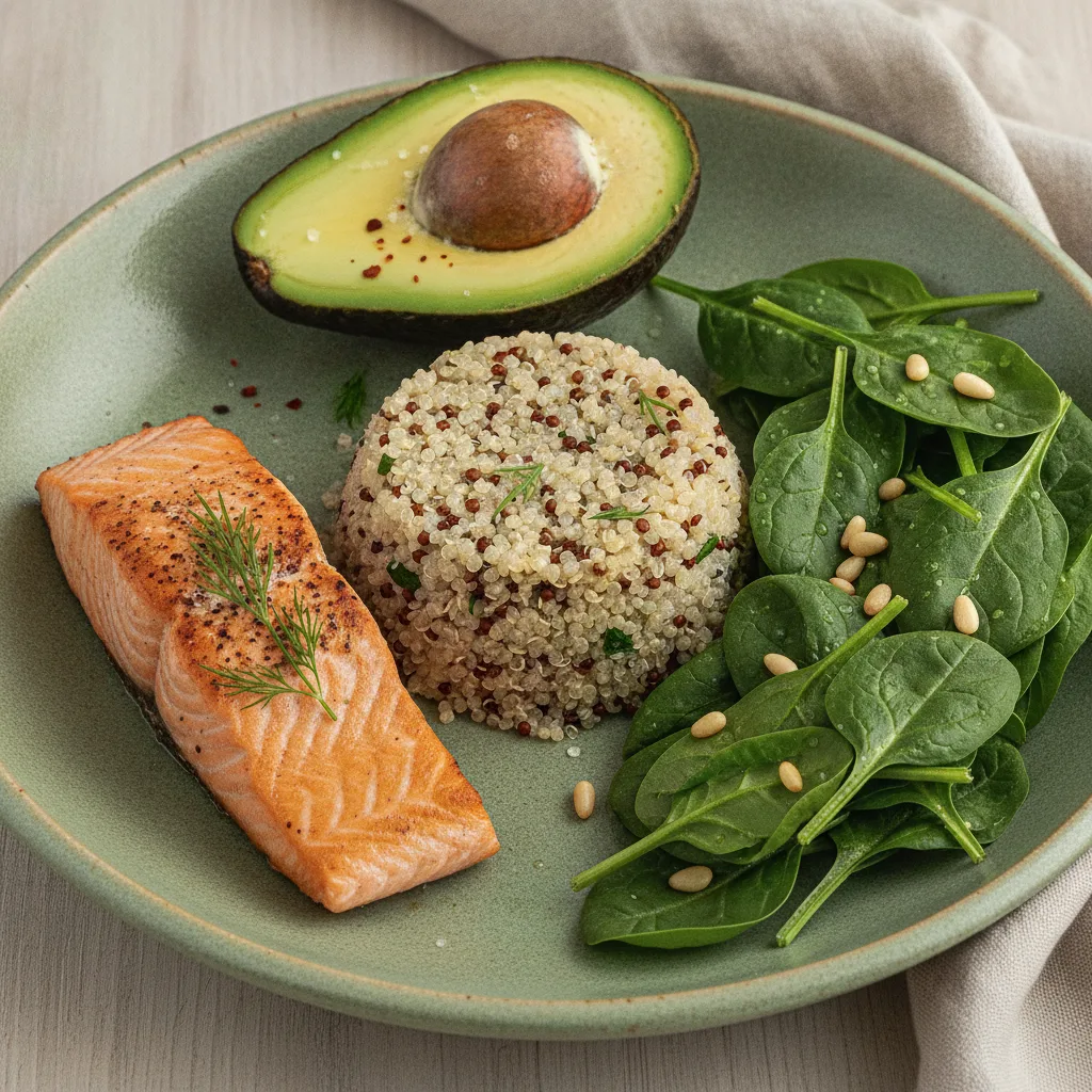 Balanced midday plate with whole foods